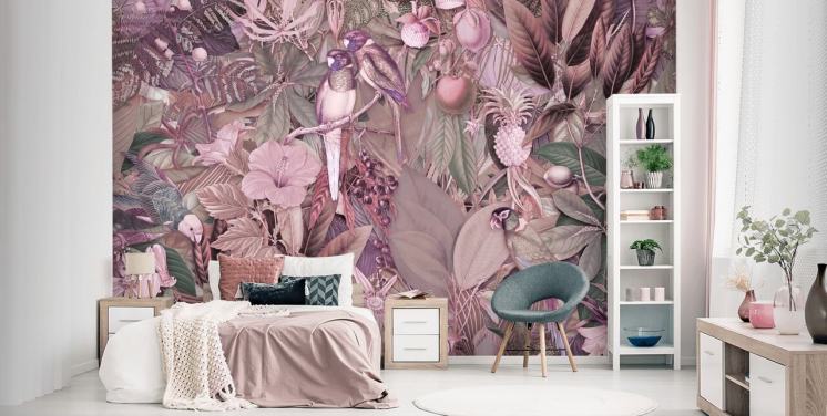 birds and leaves pink wallpaper
