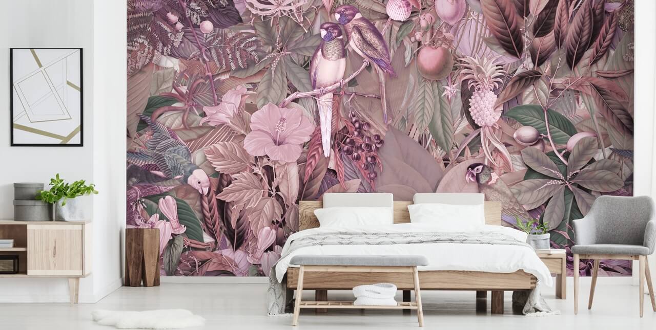 papel de parede rosa pássaros e folhas papel de parede rosa pássaros e folhas