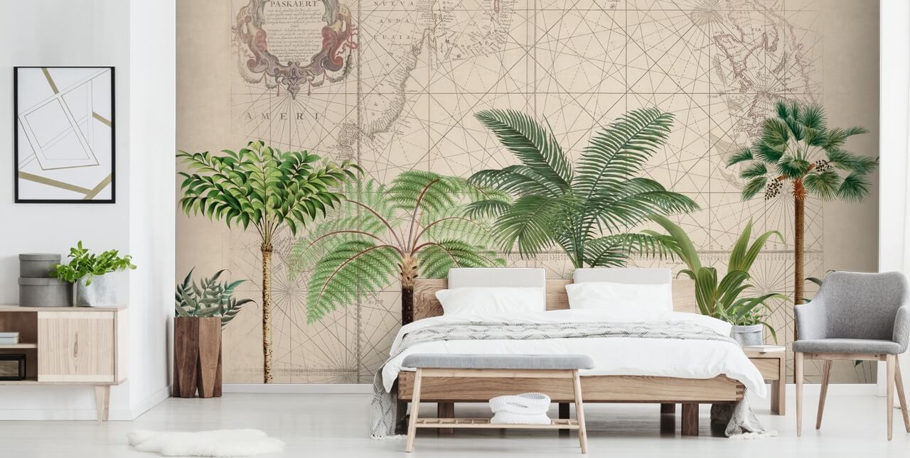 row of tropical trees and map background wallpaper