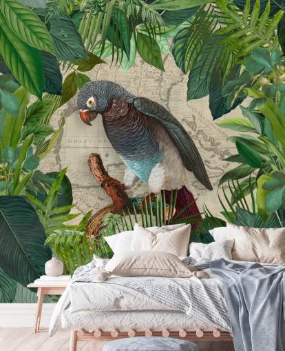 papagaio cinza/azul entre folhas verdes papel de parede papagaio cinza/azul entre folhas verdes papel de parede