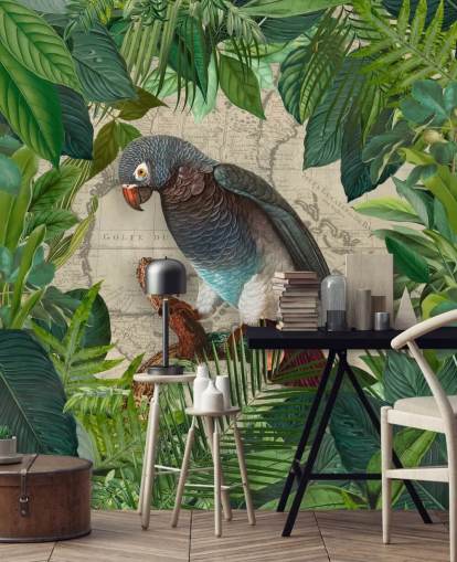 grey/blue parrot amongst green leaves wallpaper grey/blue parrot amongst green leaves wallpaper