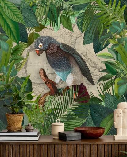 grå/blå papegoja bland gröna blad tapeter grå/blå papegoja bland gröna blad tapeter