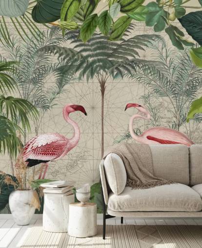 Papel pintado de 2 flamencos rosados en la selva Papel pintado de 2 flamencos rosados en la selva