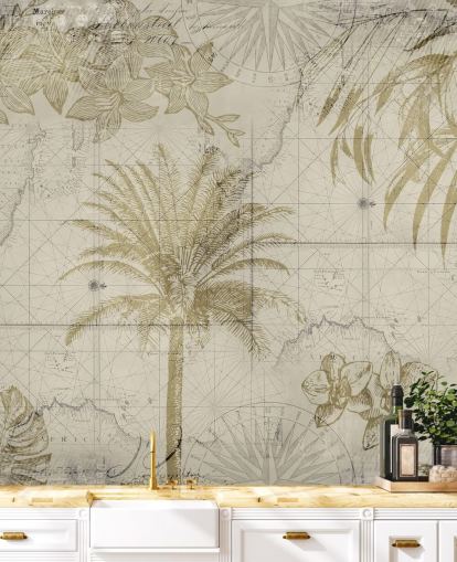 beige og naturlige tonet vintage kort og palme tapet beige og naturlige tonet vintage kort og palme tapet