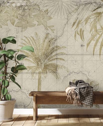beige and natural toned vintage map and palm tree wallpaper beige and natural toned vintage map and palm tree wallpaper