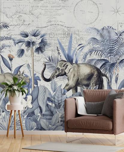 elefante e rinoceronte no mural da parede da selva azul e cinza elefante e rinoceronte no mural da parede da selva azul e cinza