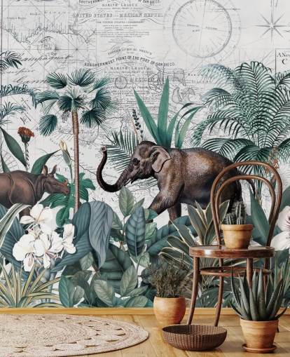 grön djungel med elefant och noshörning karta bakgrundsbild grön djungel med elefant och noshörning karta bakgrundsbild