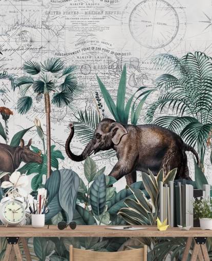 giungla verde con carta da parati sfondo mappa elefante e rinoceronte giungla verde con carta da parati sfondo mappa elefante e rinoceronte