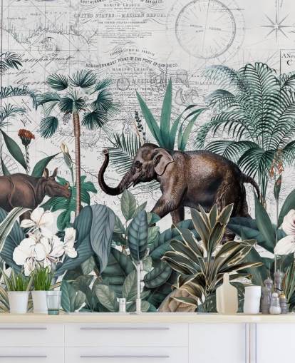 selva verde com elefante e rinoceronte mapa fundo papel de parede selva verde com elefante e rinoceronte mapa fundo papel de parede