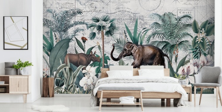 groene jungle met olifant en neushoorn kaart achtergrondbehang