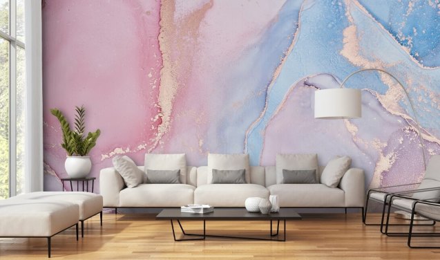 rosa, blå og lilla tilpasset akvarell tapetmaleri kalt Dreamy Watercolor for soverom