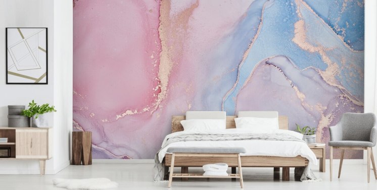lyserød, blå og lilla brugerdefineret akvarel tapetmaleri kaldet Dreamy Watercolour til soveværelser