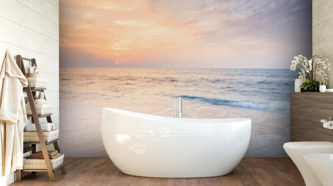 milky white waves and peach sunset sky wallpaper