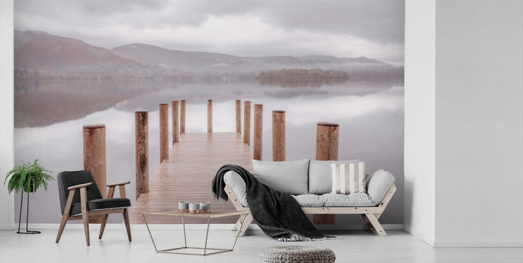 jetty in calm lake wallpaper