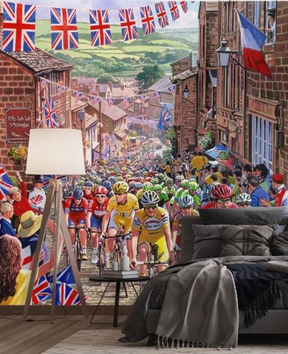 fietsers rijden door oude Engelse stad behang fietsers rijden door oude Engelse stad behang