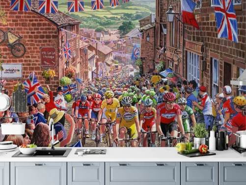 ciclisti che attraversano la vecchia carta da parati inglese