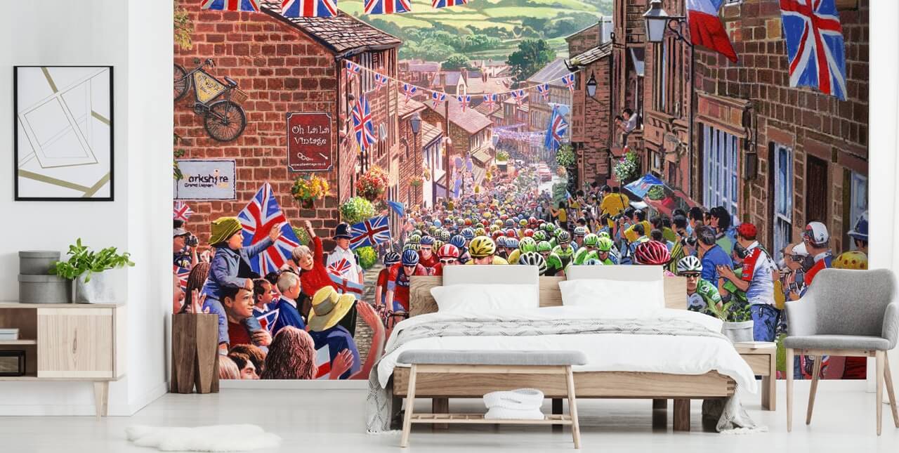 Radfahrer fahren durch alte englische Stadt Tapete Radfahrer fahren durch alte englische Stadt Tapete