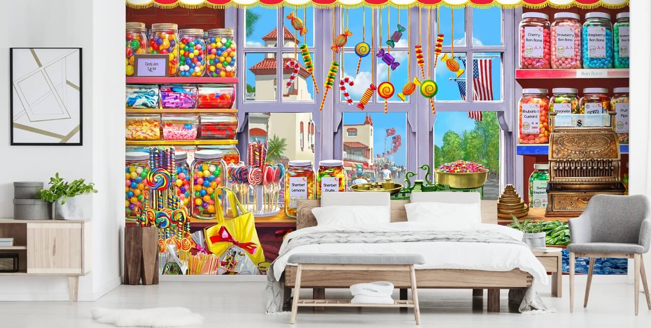 bright and colourful detailed sweet shop wallpaper