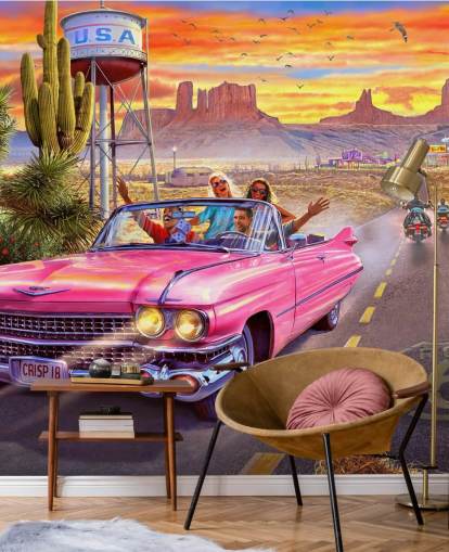 pink convertible car on route 66 wallpaper pink convertible car on route 66 wallpaper
