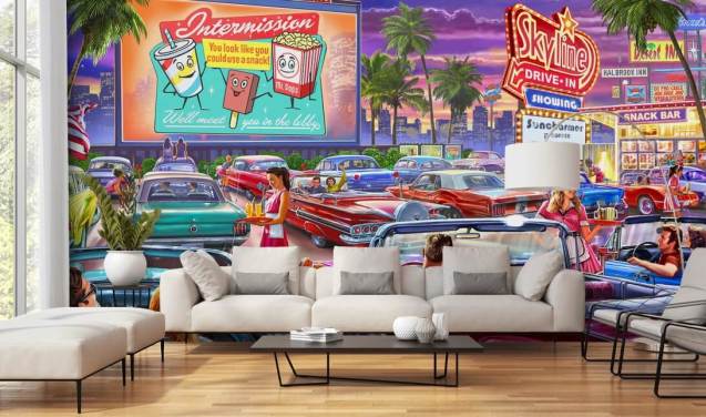 bunte digitale Kunst von Autos der 1950er Jahre auf einer Einfahrtapete