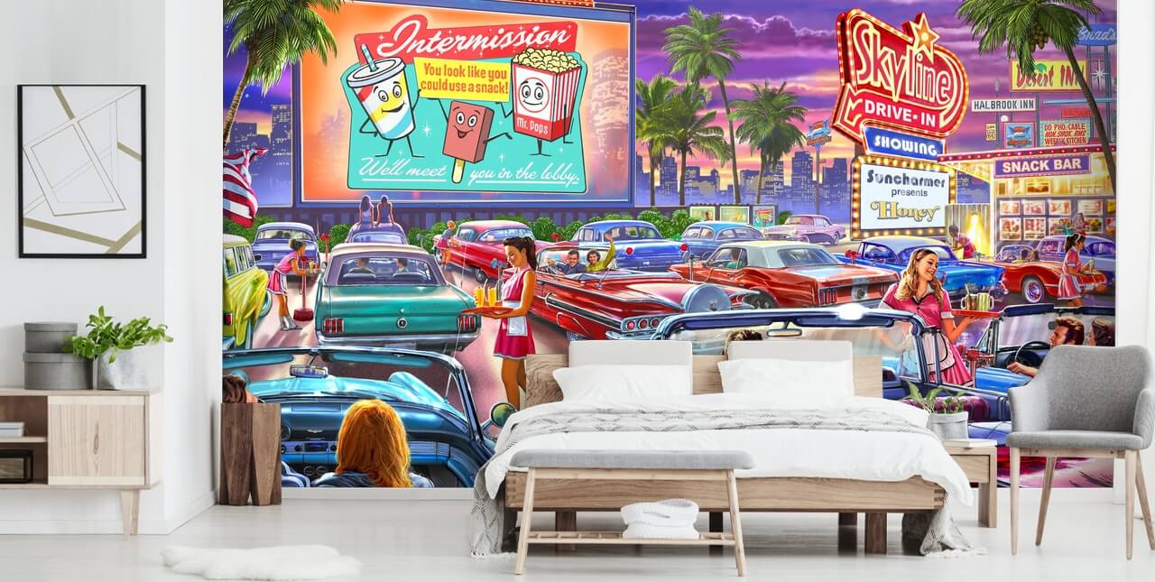 kleurrijke digitale kunst van auto's uit de jaren 50 op een rit in behang