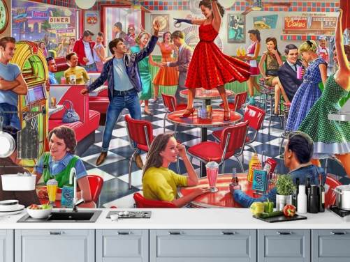 1950er Jahre Rocker tanzen in einem Diner Tapete