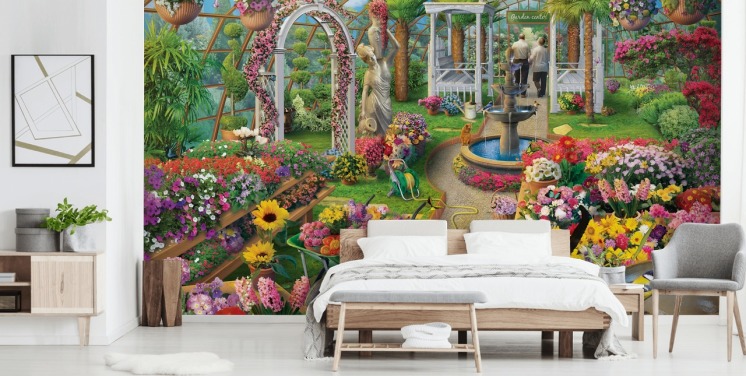 bunte Blumen im Garten Center Tapete