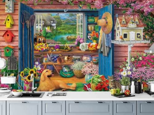 kleurrijk tuinhuisje behang