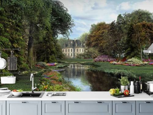 vieux château, rivière et jardin papier peint