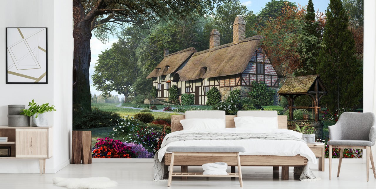 pretty thatched cottage and garden wallpaper