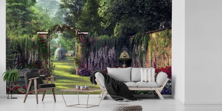 bunte Fassade Garten Tapete