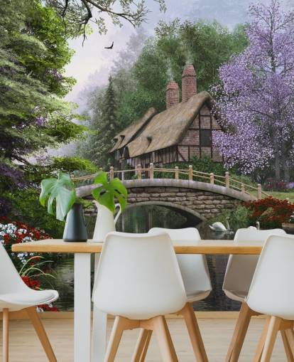 thatched cottage by a bridge and river wallpaper thatched cottage by a bridge and river wallpaper
