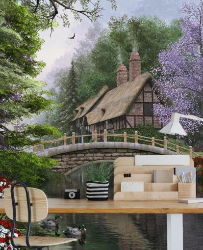 thatched cottage by a bridge and river wallpaper thatched cottage by a bridge and river wallpaper