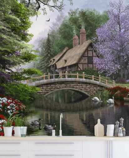 thatched cottage by a bridge and river wallpaper thatched cottage by a bridge and river wallpaper