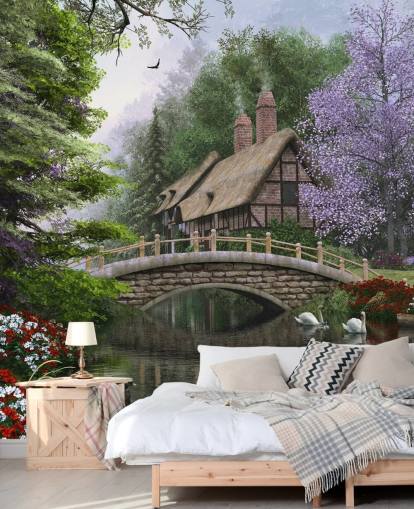 Reetdachhaus an einer Brücke und Fluss Tapete Reetdachhaus an einer Brücke und Fluss Tapete