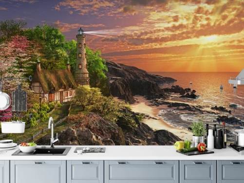 orange sunset by rocky coast wallpaper