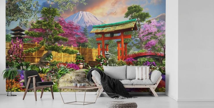 fargerik japansk hage tapet