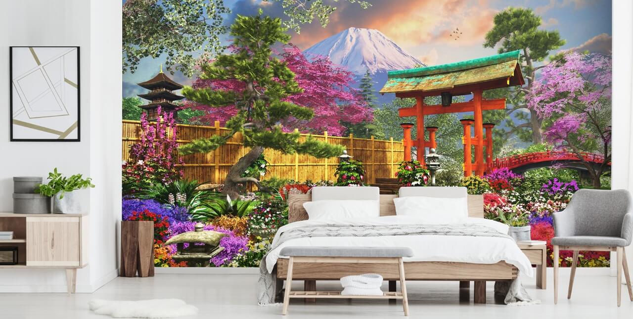 fargerik japansk hage tapet