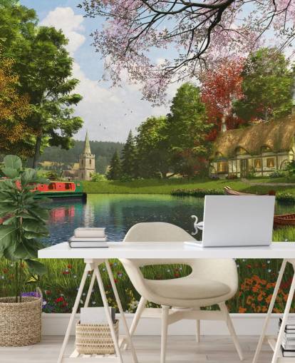 kanal med hytte, lekter og kirke tapet kanal med hytte, lekter og kirke tapet