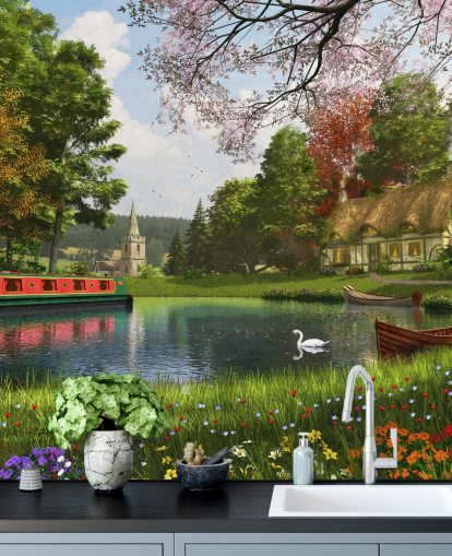 canal with cottage, barge and church wallpaper canal with cottage, barge and church wallpaper