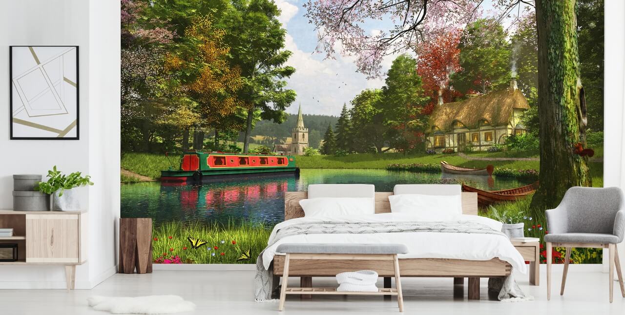 fondo de pantalla de canal con cabaña, barcaza e iglesia fondo de pantalla de canal con cabaña, barcaza e iglesia