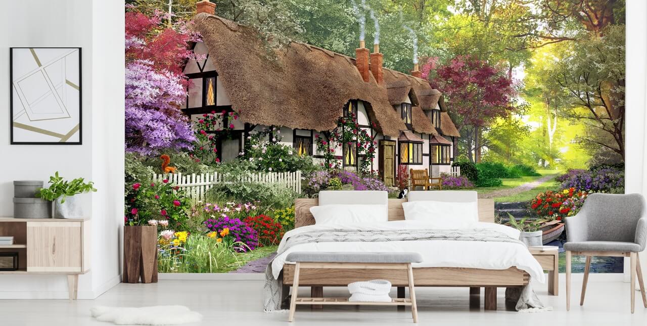 thatched cottage by canal wallpaper