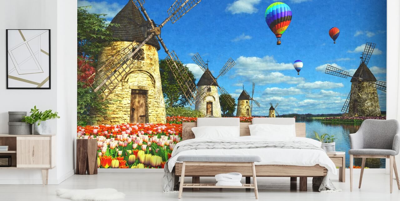 tulipas coloridas e papel de parede moinho de vento