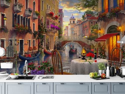 restaurant bord og stoler i Venezia ved kanalen tapet