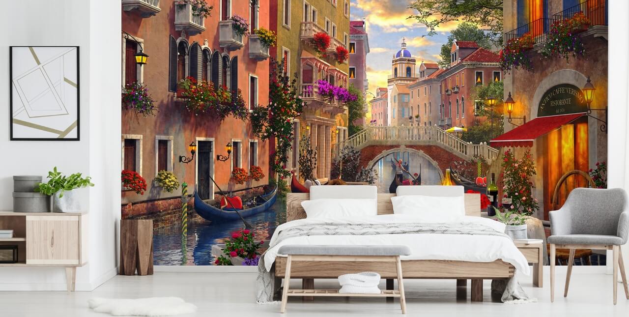 restaurant table and chairs in venice by canal wallpaper