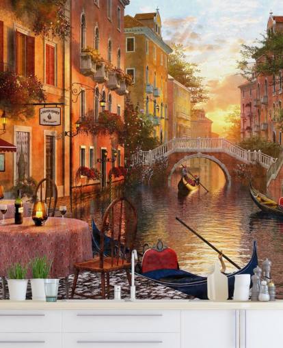 romantisches Venedig bei Sonnenuntergang mit Kanal-, Brücken- und Bootstapete romantisches Venedig bei Sonnenuntergang mit Kanal-, Brücken- und Bootstapete