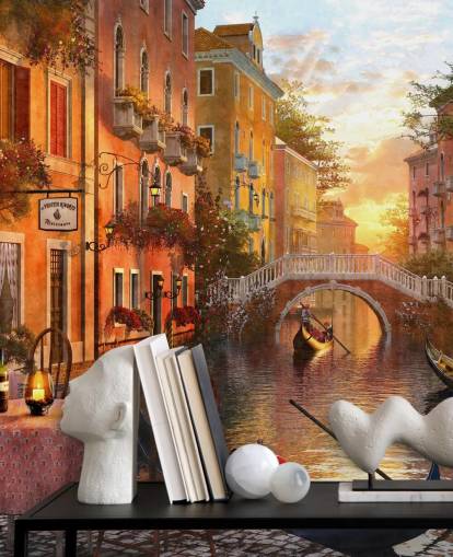 Venise romantique au coucher du soleil avec fond d'écran canal, pont et bateau Venise romantique au coucher du soleil avec fond d'écran canal, pont et bateau