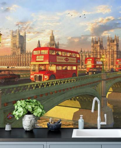 røde busser på bro af huse af parlamentet vægmaleri røde busser på bro af huse af parlamentet vægmaleri