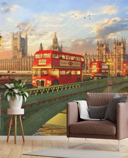 red buses on bridge by houses of parliament mural red buses on bridge by houses of parliament mural