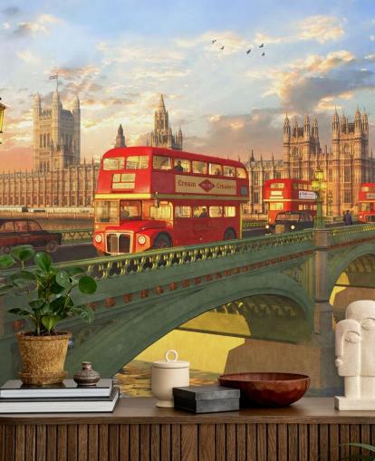 red buses on bridge by houses of parliament mural red buses on bridge by houses of parliament mural